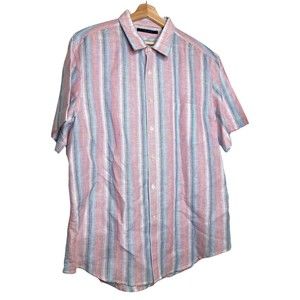 Perry Ellis Mens Short Sleeve Button up Shirt XXL Green and White linen casual
